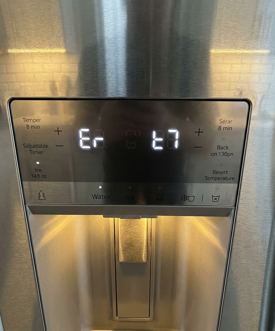 Frigidaire refrigerator control panel displaying E2 error code