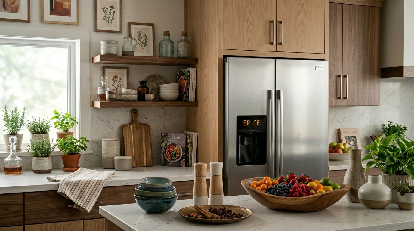 Frigidaire refrigerator display showing Error Code ER in a luxury kitchen setting