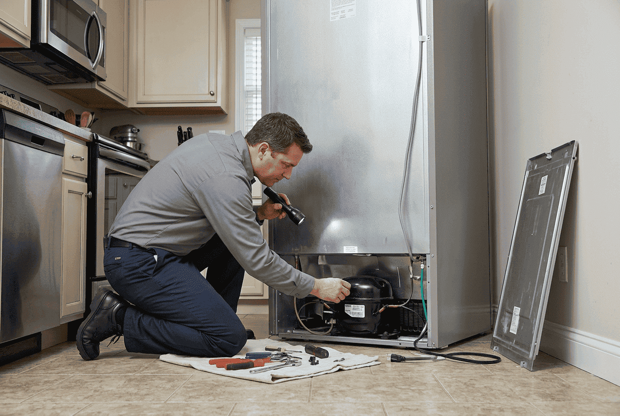 Frigidaire side-by-side refrigerator in kitchen with technician inspecting lower rear panel for noise source