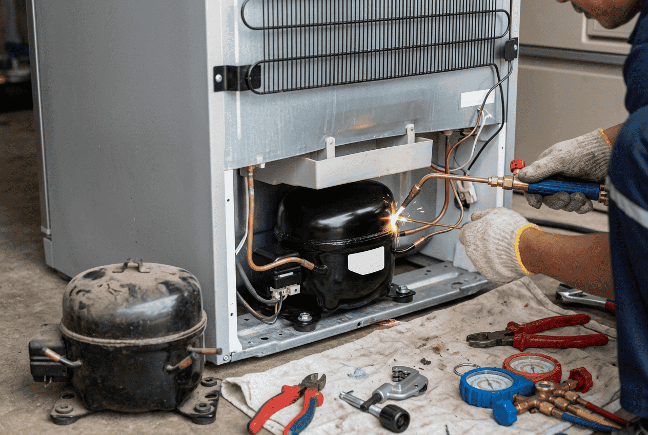 Professional appliance repair technician replacing compressor in Frigidaire refrigerator