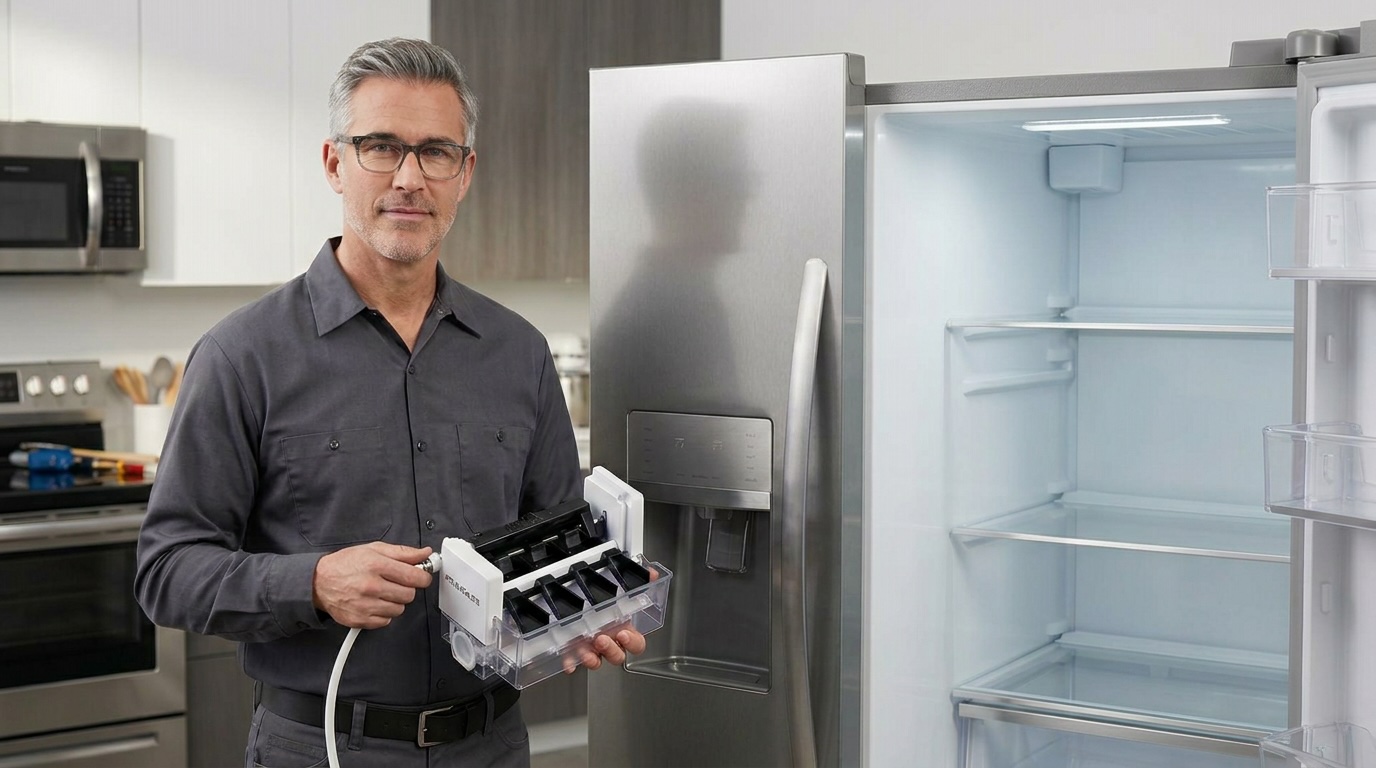 Professional appliance repair technician servicing Frigidaire refrigerator ice maker