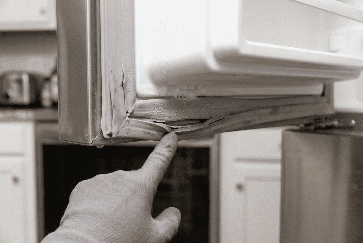 Worn refrigerator door gasket creating air leak along freezer door edge
