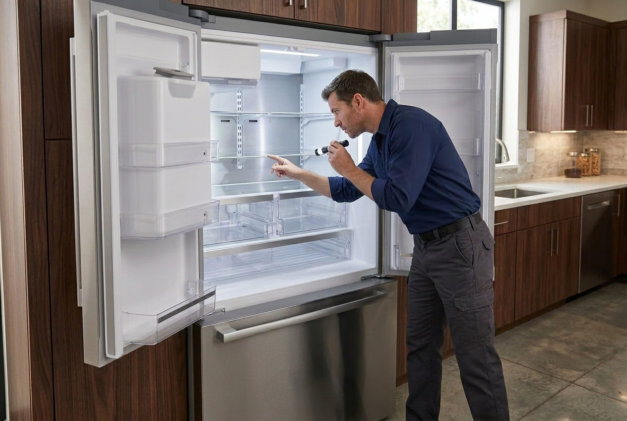 Appliance Repair Master technician inspecting airflow vents inside a Bosch refrigerator