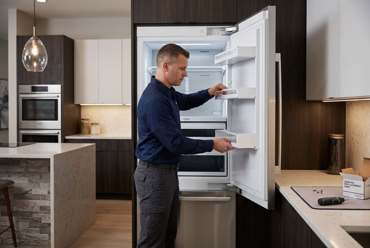 Appliance Repair Master technician repairing Bosch refrigerator in Atlanta home