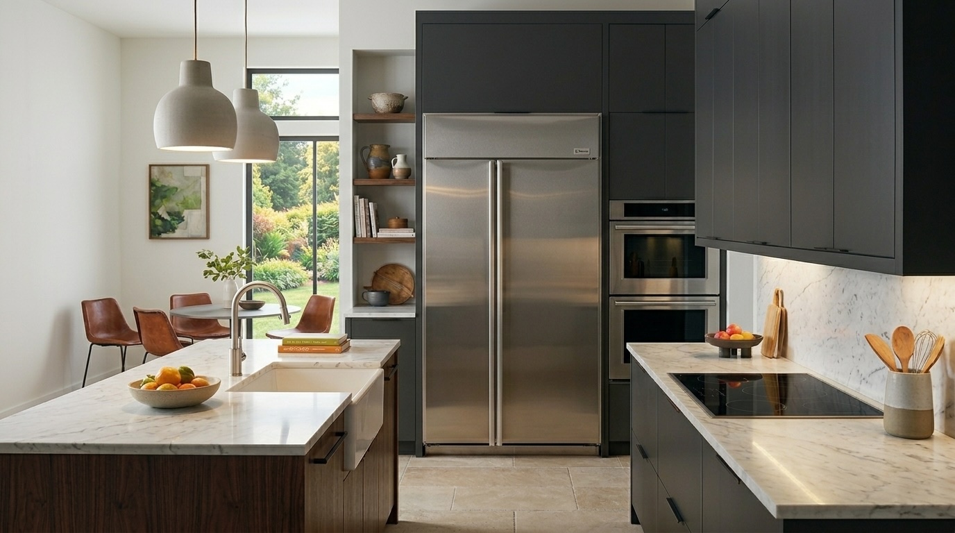 Closed GE Monogram ZIS420NM 42-inch stainless steel side-by-side built-in refrigerator in custom cabinetry, common for error code issues in advanced electronics