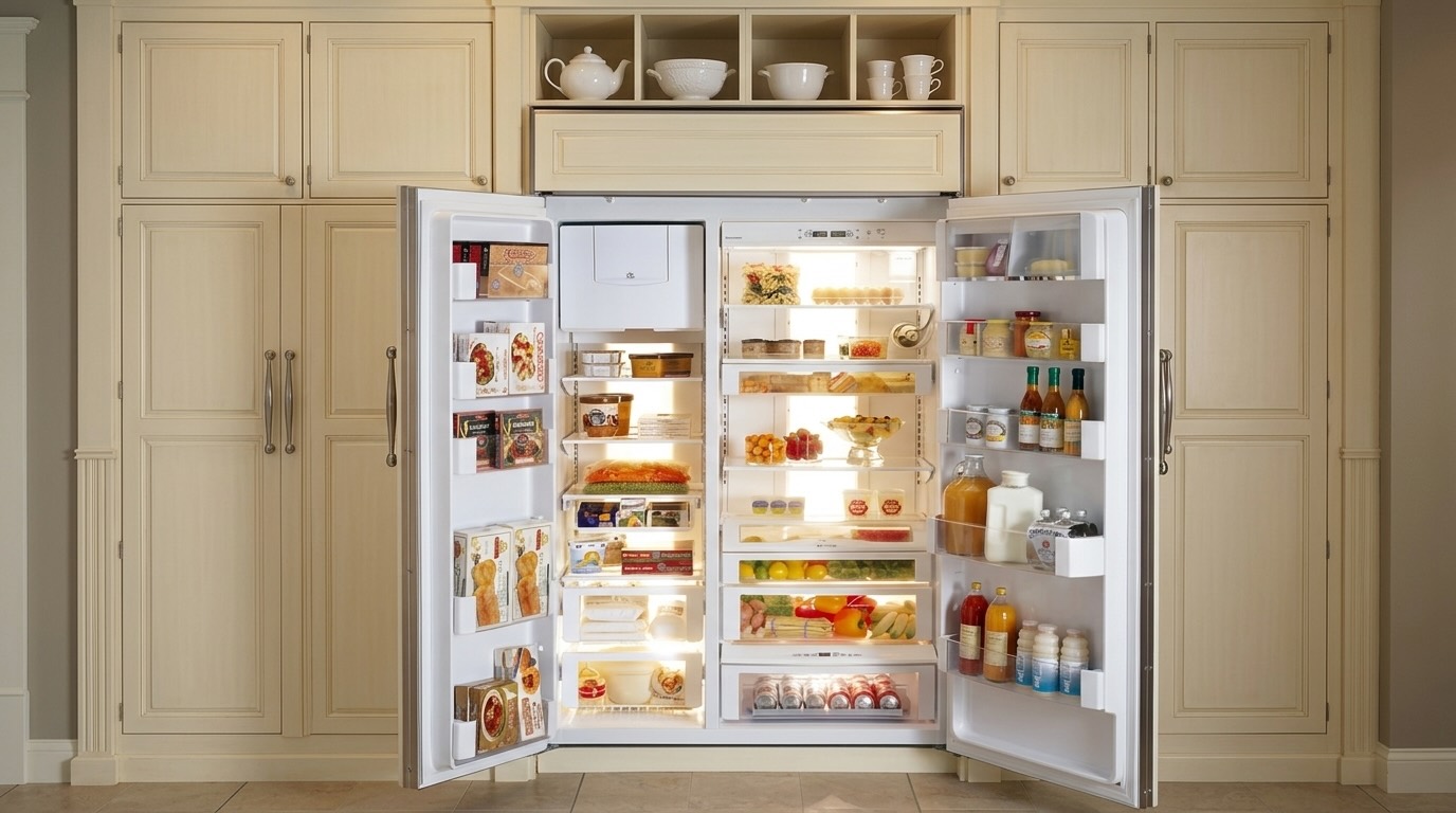 Open GE Monogram ZIS420NM side-by-side refrigerator interior with fully stocked shelves, drawers, door bins, and fresh groceries, potential area for error code triggers if sensors detect issues