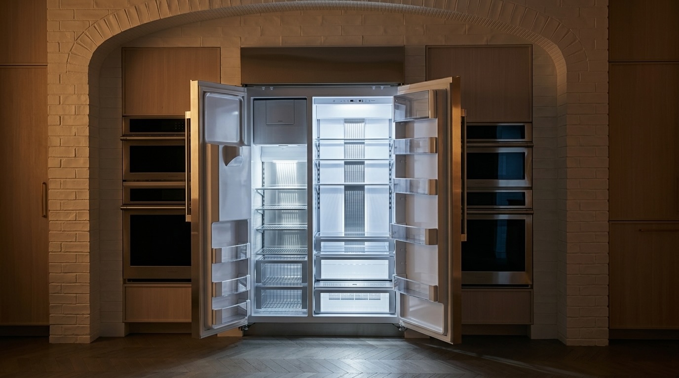 Open Monogram ZISS480DNSS stainless steel side-by-side built-in refrigerator in arched kitchen niche with bright interior lighting and empty shelves, prone to error code alerts from sensors