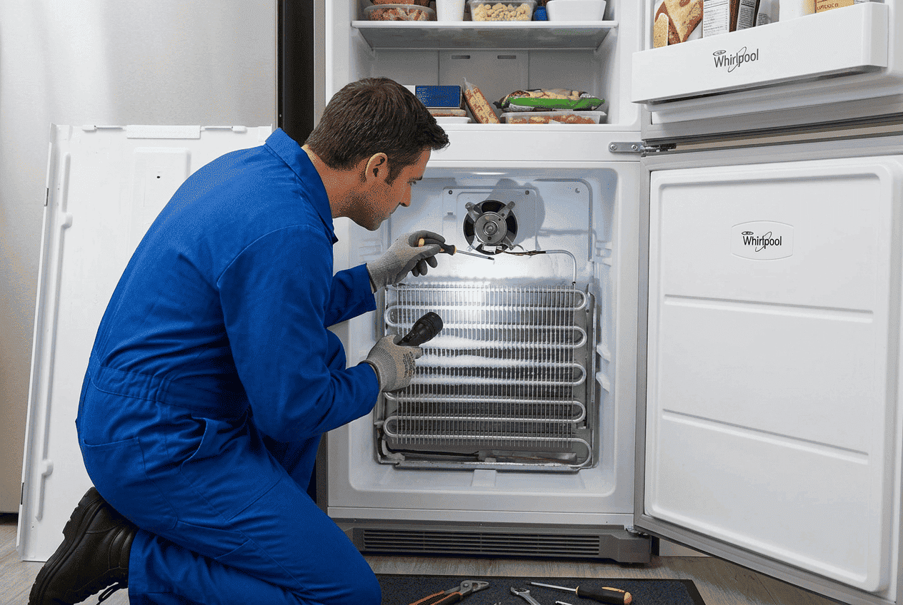 Appliance Repair Master Technician inspecting airflow and evaporator components inside a Whirlpool freezer