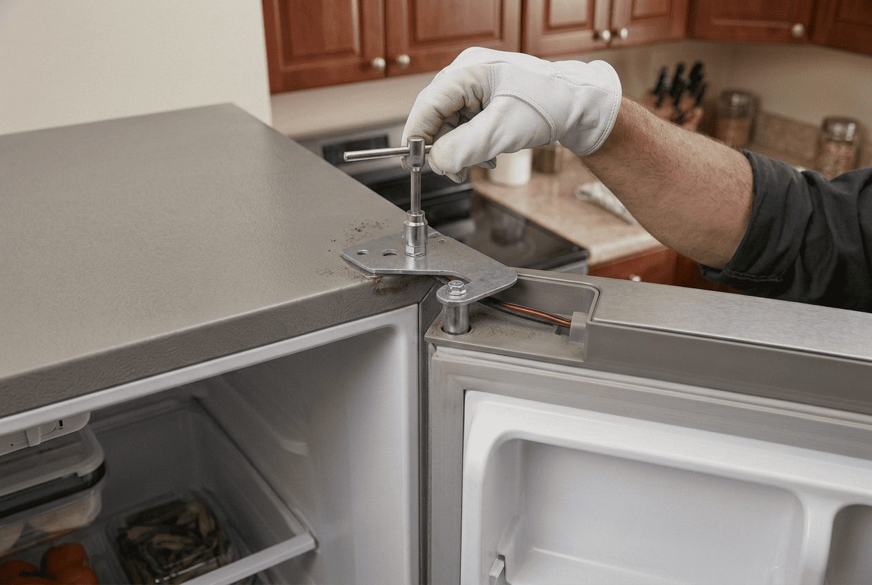 Technician repairing a Whirlpool freezer door hinge in Atlanta, demonstrating expert appliance repair service.