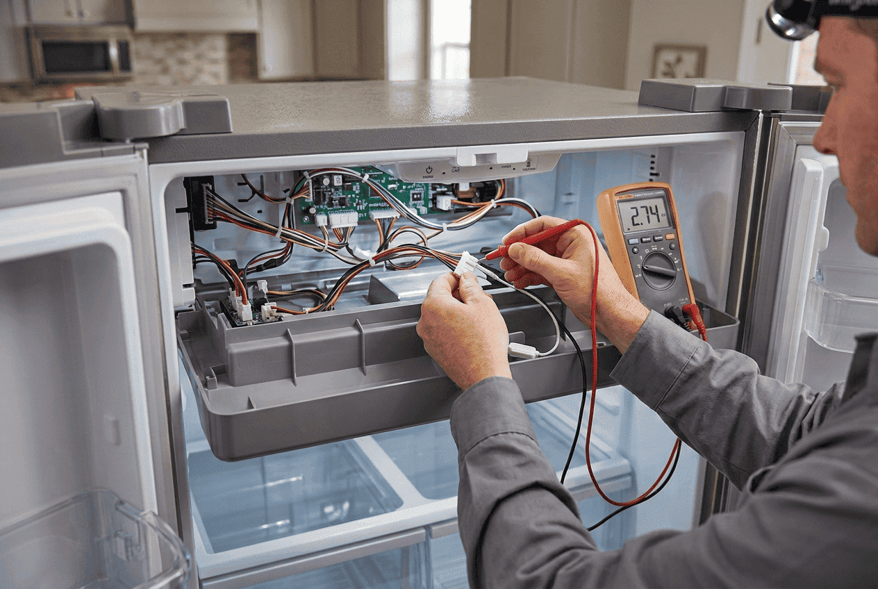 Technician testing a Whirlpool freezer temperature sensor connection inside the panel area
