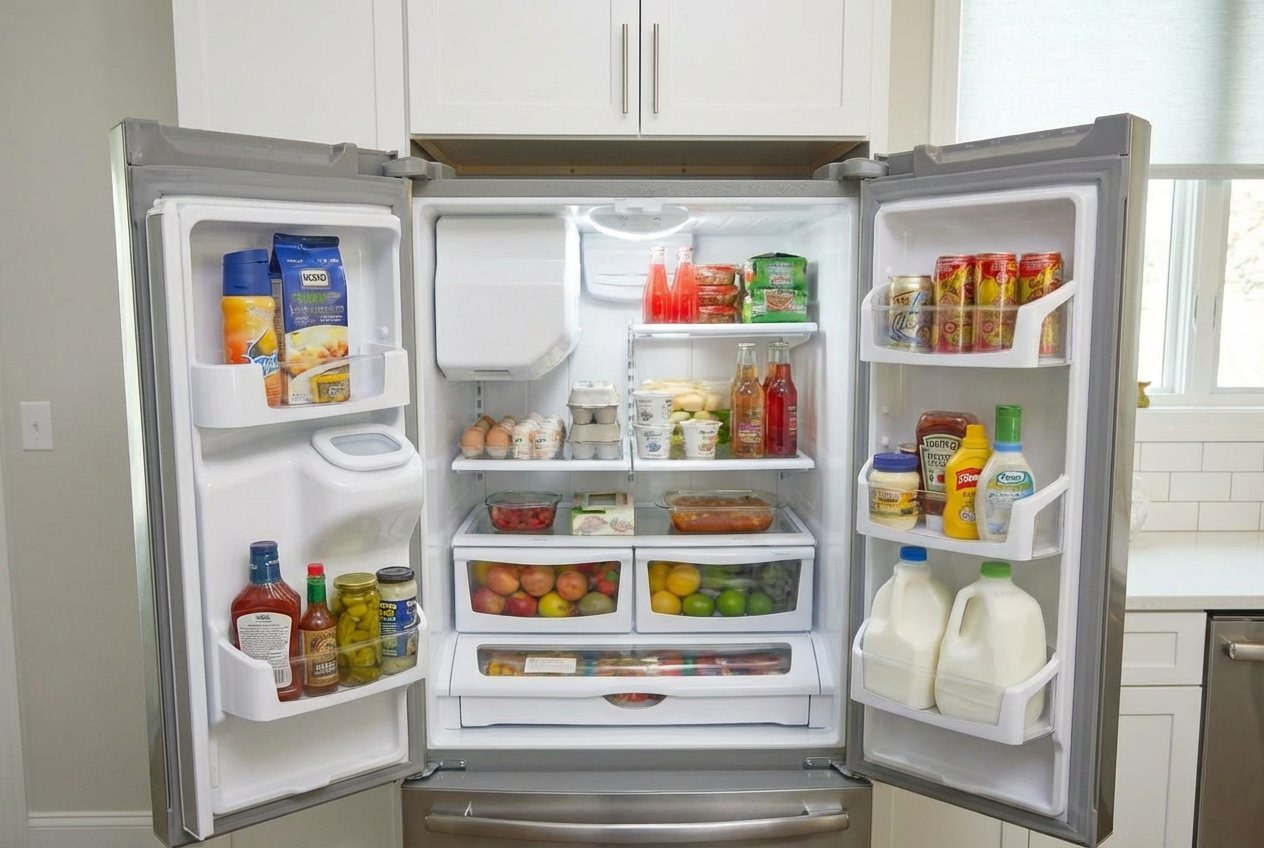 Whirlpool freezer door showing gasket, magnetic strip, hinge, and door cam