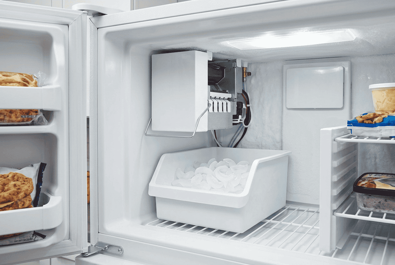Whirlpool ice maker inside freezer connected to water system and noise-related components