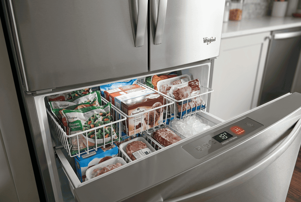 Whirlpool refrigerator freezer displaying a temperature warning with frozen food inside the compartment