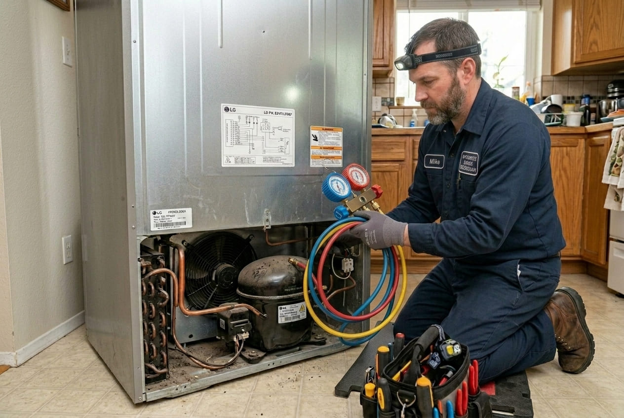 Appliance Repair Master technician diagnosing LG compressor failure in refrigerator