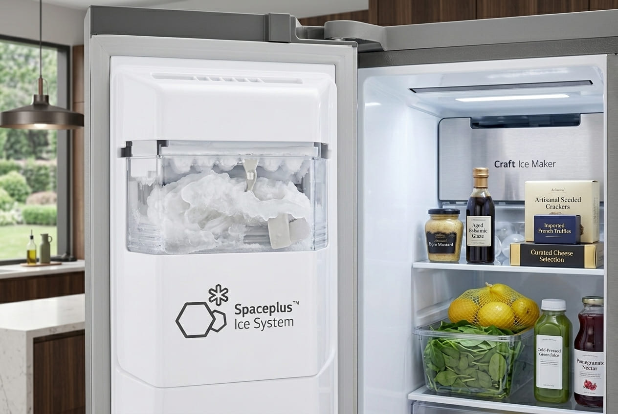 Clumped ice blocking the ice bucket dispenser in an LG refrigerator ice maker