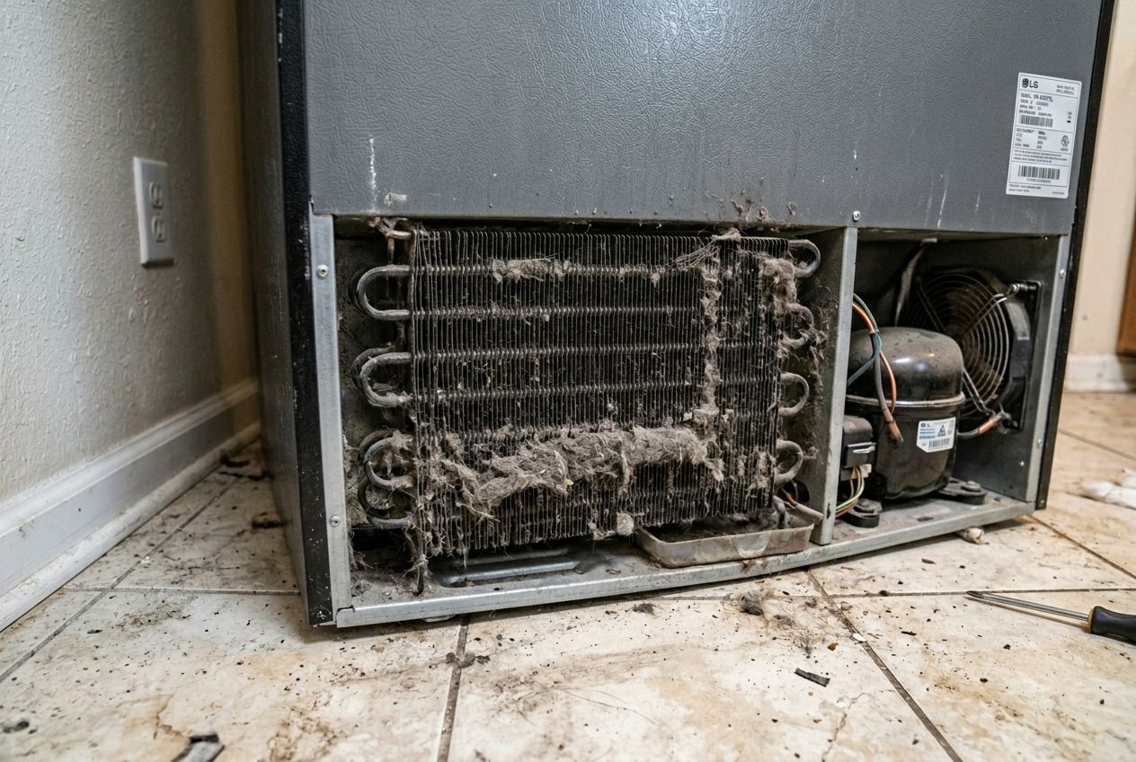Dust-covered condenser coils on the bottom of an LG refrigerator causing overheating