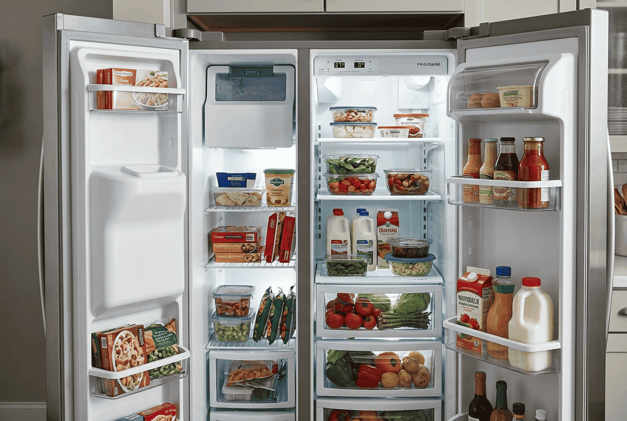 Frigidaire side-by-side refrigerator with temperature control panel and food storage inside