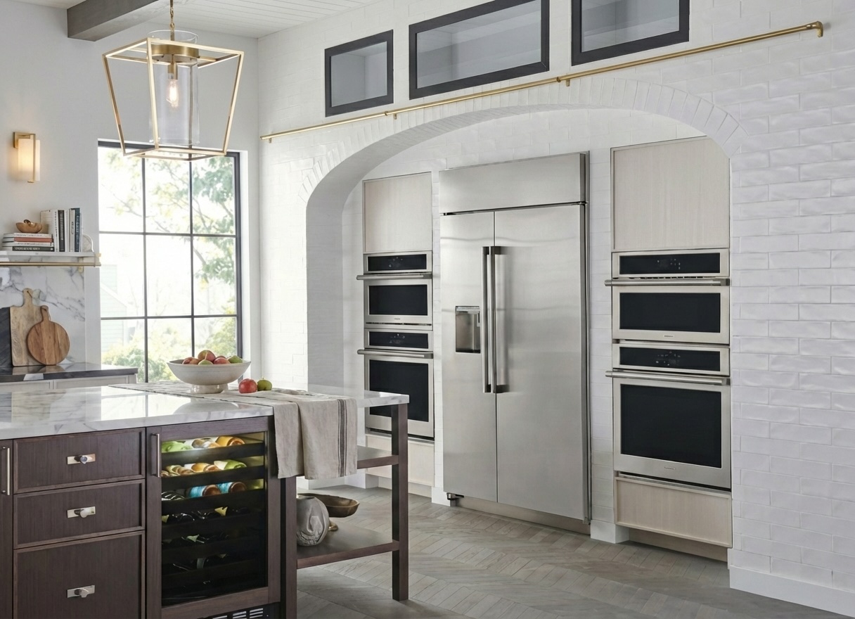 Built-in GE freezer ZISS480DNSS with open doors in modern kitchen, possible error code E1 issue visible