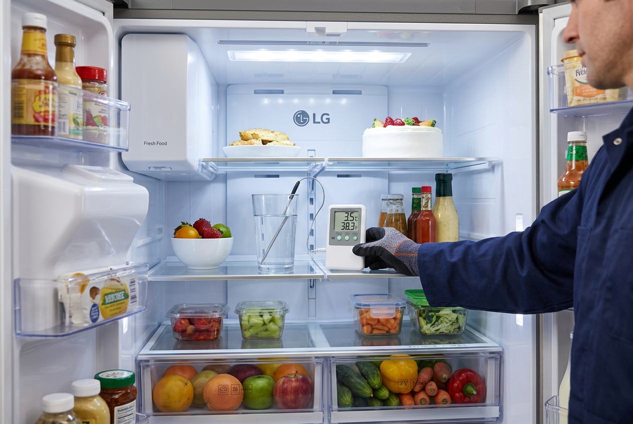 Glass of water and thermometer on middle shelf testing actual refrigerator temperature
