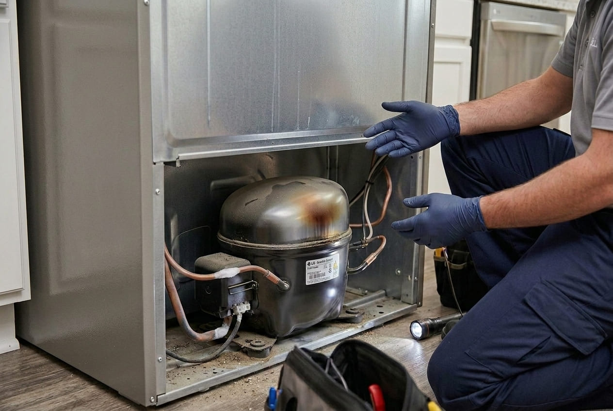 LG refrigerator compressor unit showing linear compressor failure symptoms