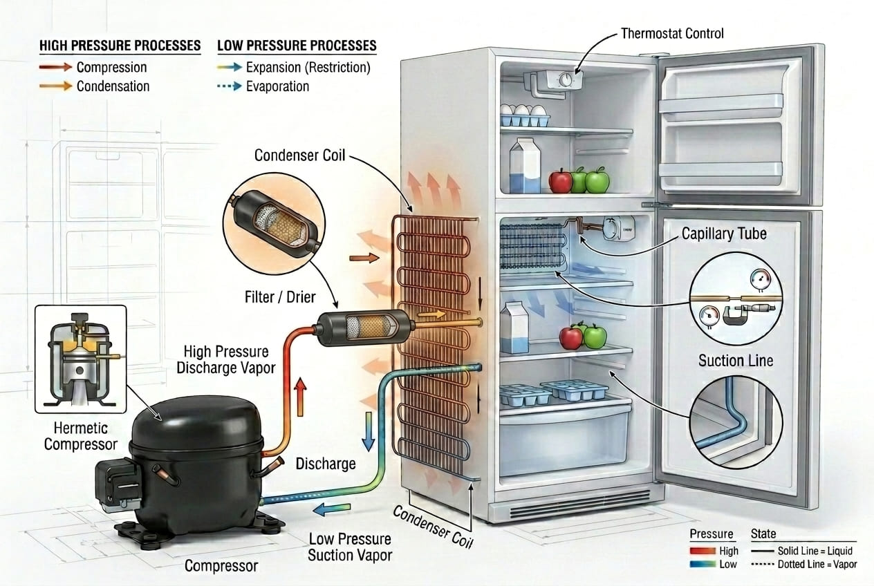 LG refrigerator sealed cooling system diagram showing compressor and refrigerant flow