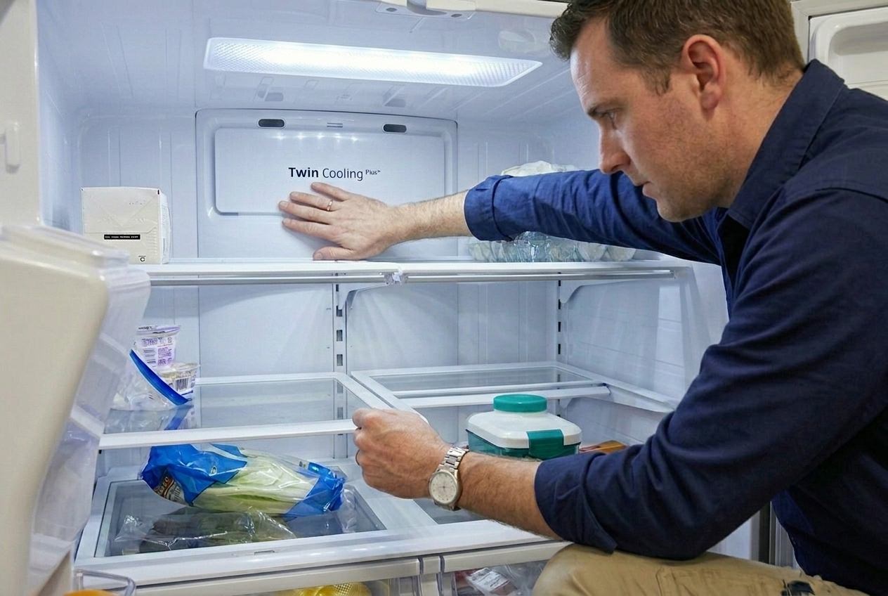 Samsung French-door refrigerator with technician checking airflow, vents, and internal temperature zones