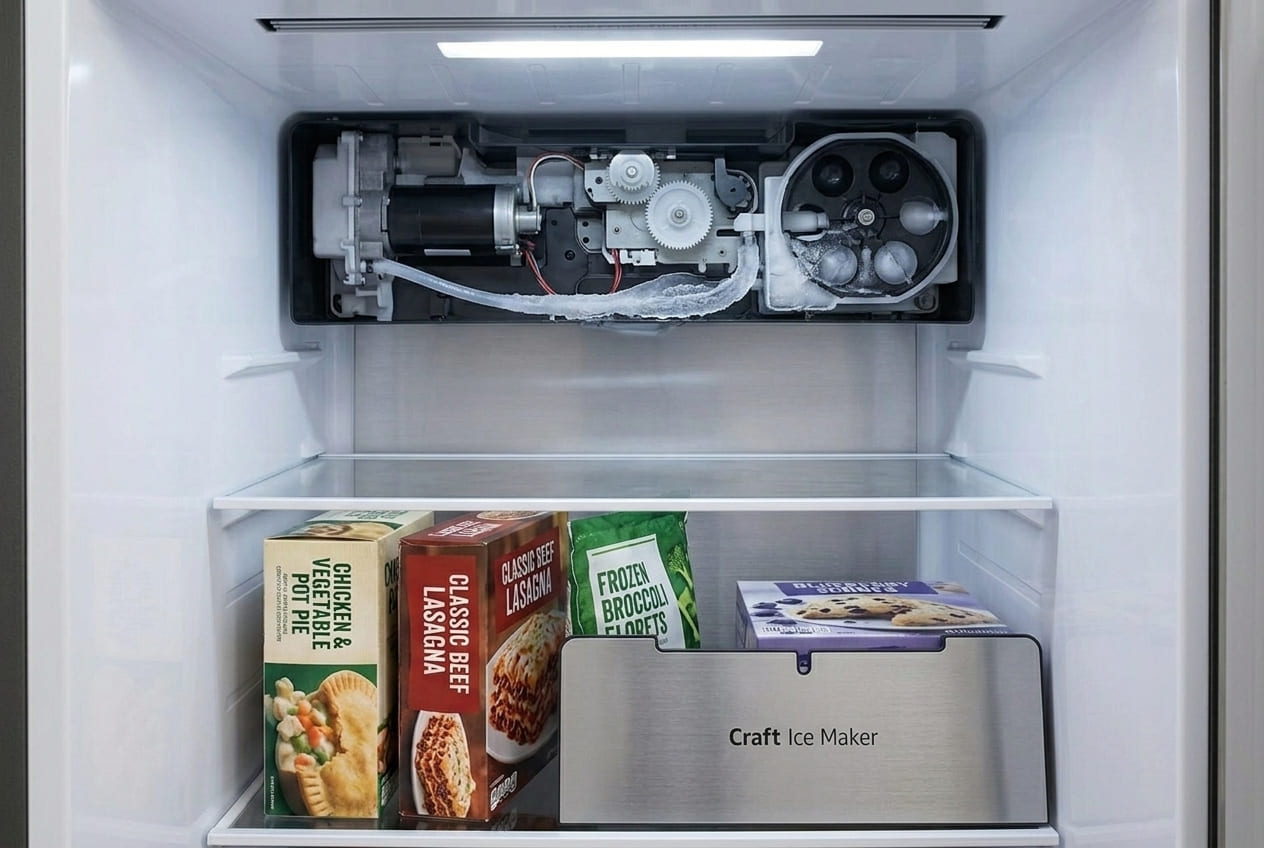 Technician inspecting frozen water line inside LG refrigerator during ice maker repair