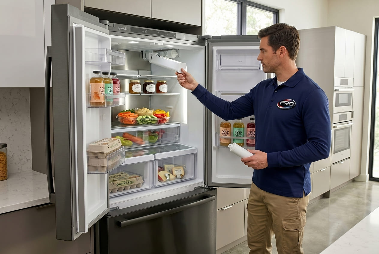 Appliance repair technician checking Bosch 800 Series refrigerator ice maker and water filter system 
