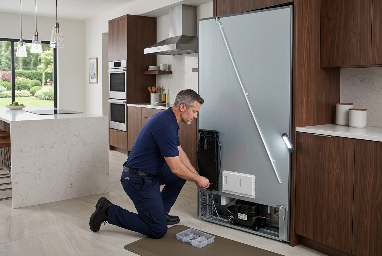  Appliance technician repairing Bosch 800 Series refrigerator 