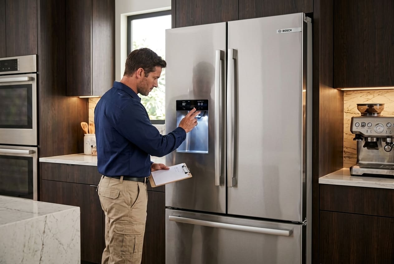 Bosch 500 Series refrigerator in an Atlanta kitchen with ice clumping and dispenser repair theme