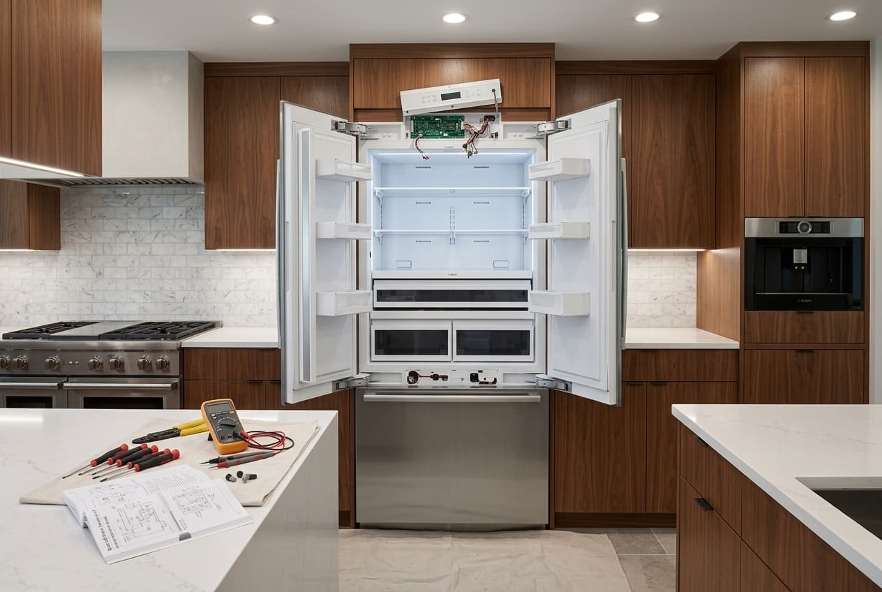 Bosch 800 Series refrigerator with French doors open during professional repair diagnostics