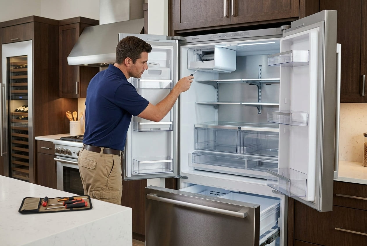 Bosch B36CD50SNS French door refrigerator during repair and troubleshooting service in Atlanta 