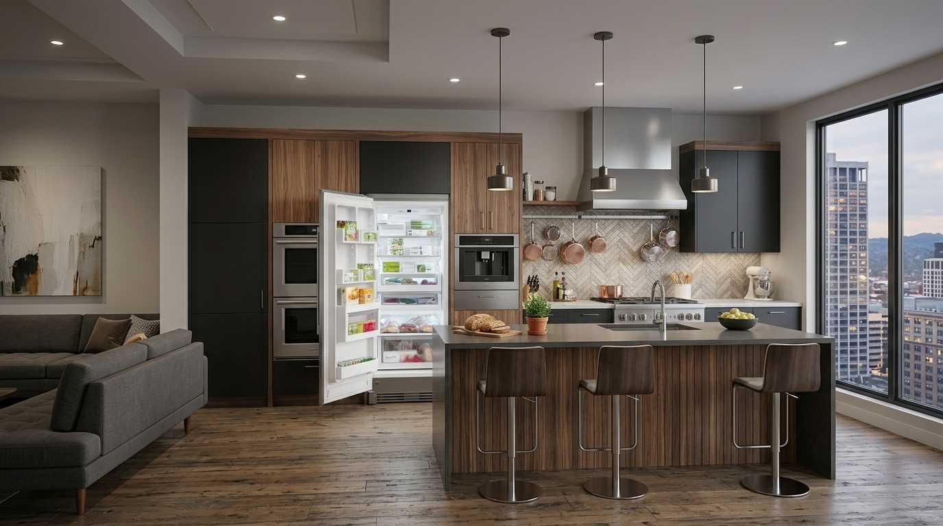 Open Electrolux EI32AF80QS upright freezer interior fully stocked with frozen groceries and packages showing problem with seals