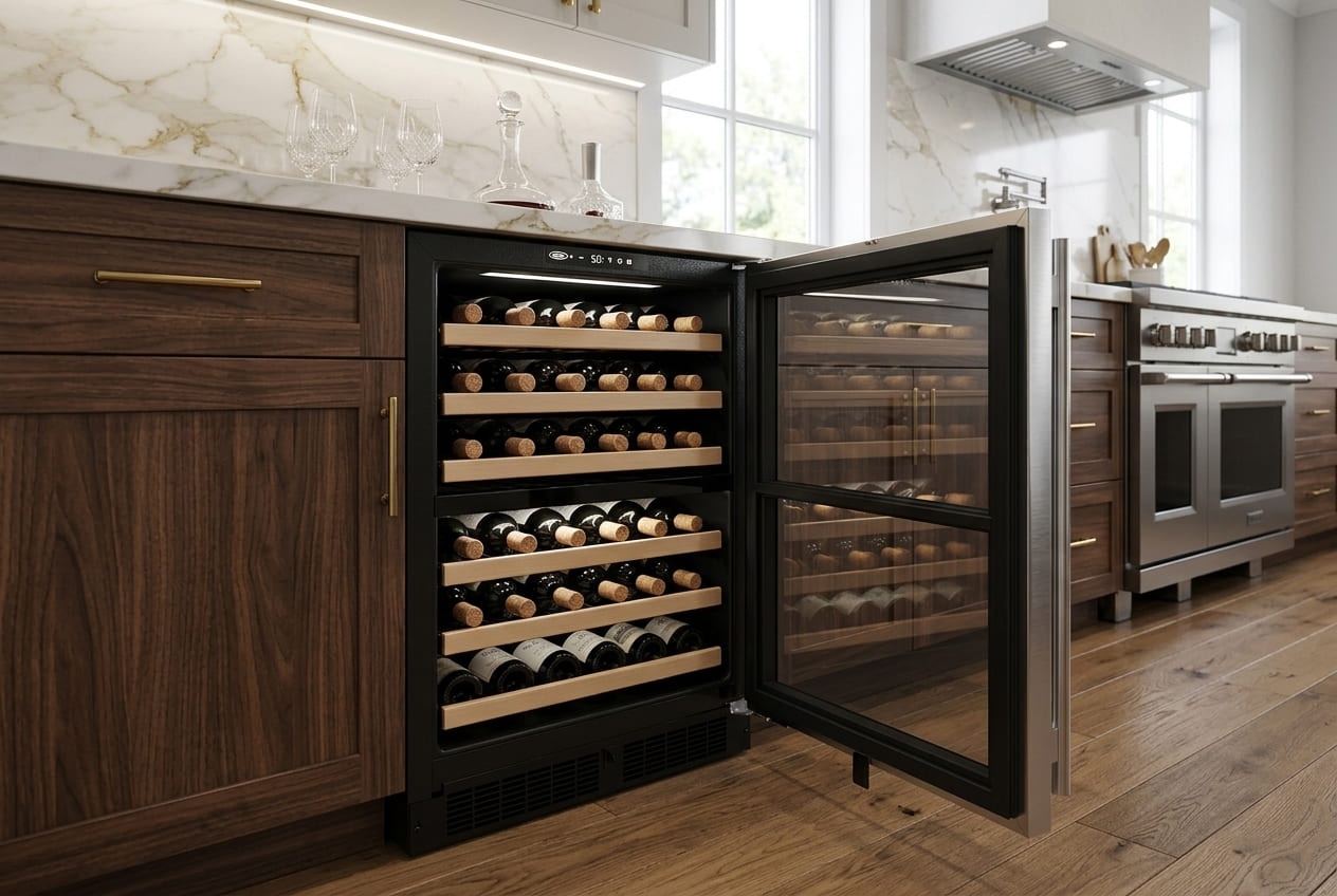 Marvel undercounter wine cooler MLWD224SG01A with door open displaying multiple wooden shelves and interior layout, illustrating E01 sensor fault diagnosis in Atlanta repair guide.