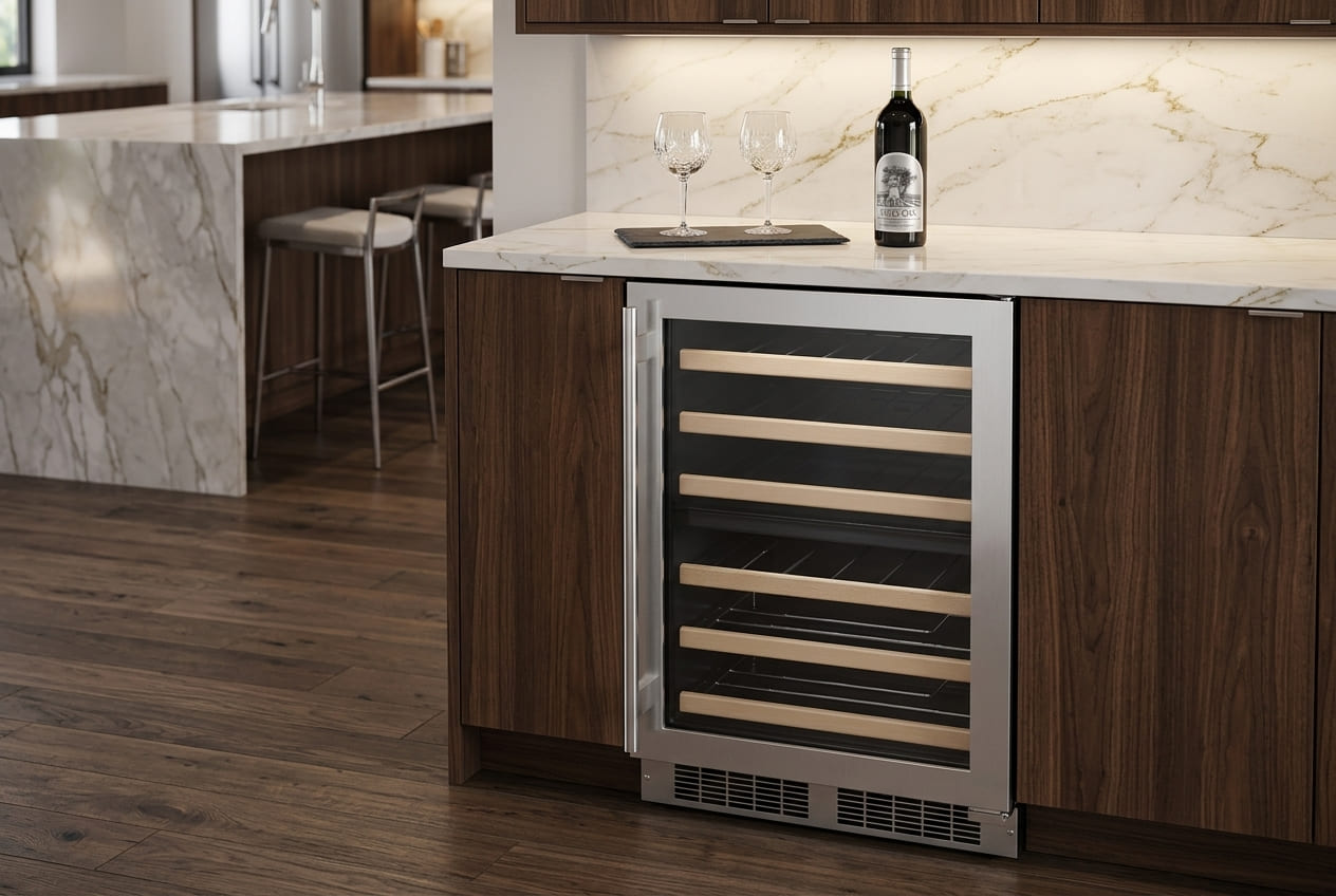 Marvel undercounter wine cooler MLWD224SG01A with door closed, wooden shelves and interior visible through the glass, E01 temperature sensor issue.