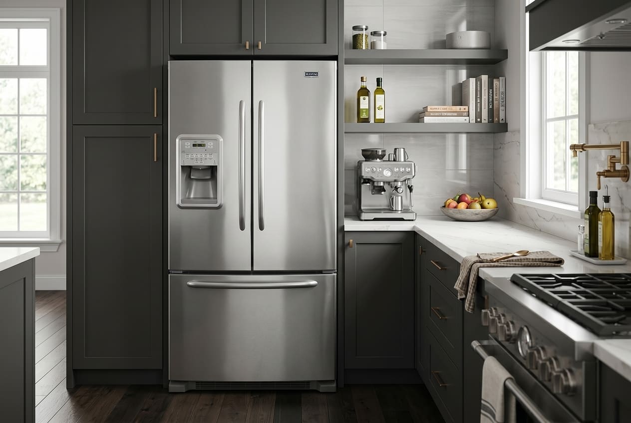 Direct studio shot of a closed stainless steel Maytag French door refrigerator model MFI2569YEM0 with an external water dispenser panel to check for Maytag compressor failure signs