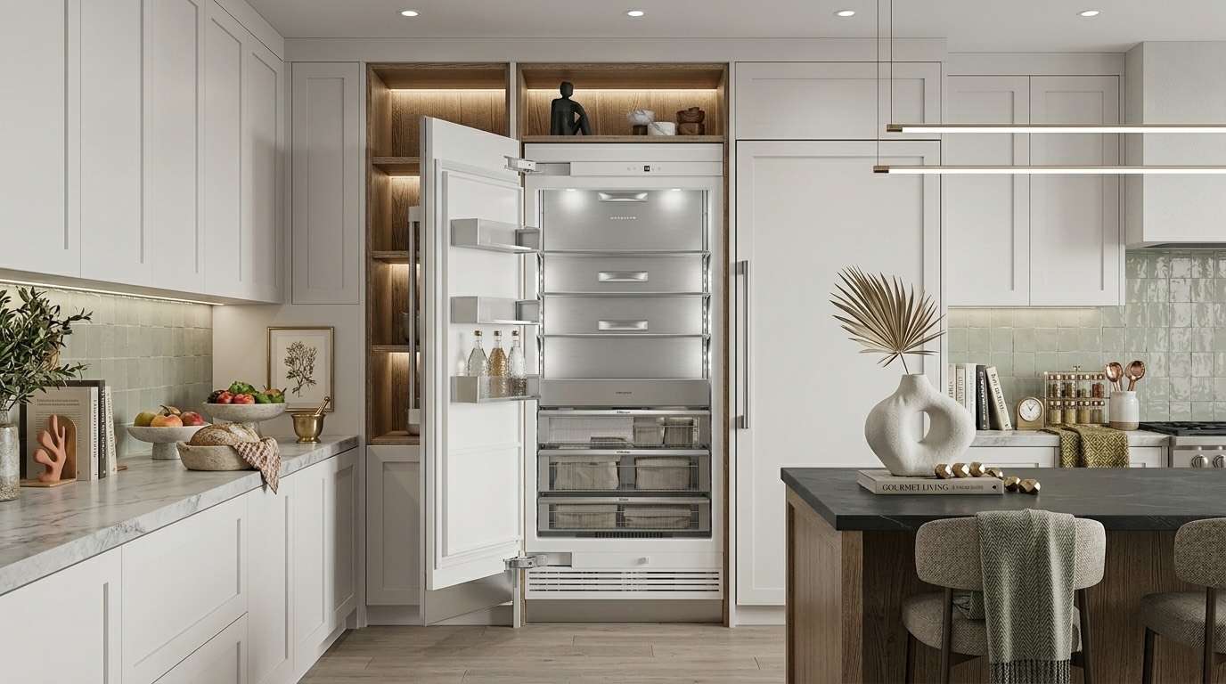 Open Monogram ZIF361NBRII 36-inch panel-ready column freezer interior with wire shelves, pull-out drawers, and organized storage, common area for door won't close issues if misaligned