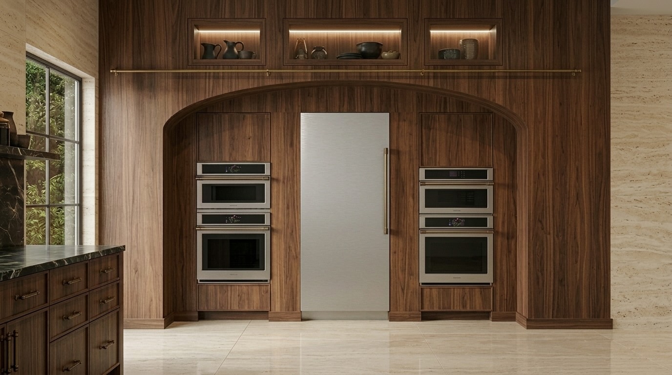 Monogram ZIF361NBRII panel-ready column freezer installed in arched white kitchen niche flanked by wall ovens, potential for door won't close issues due to built-in alignment