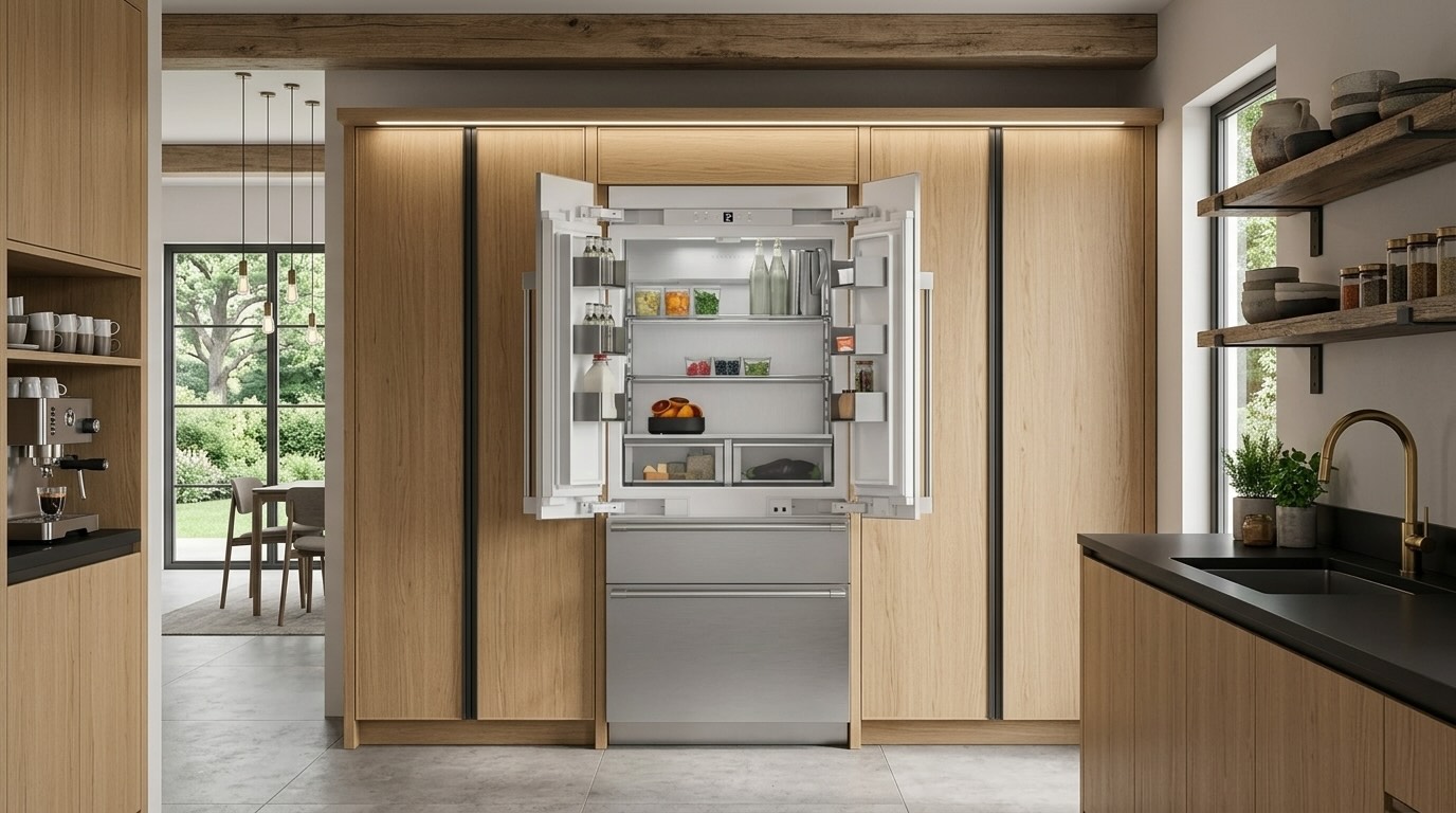 Open Monogram ZIP364IPVII 36-inch panel-ready French-door refrigerator interior with adjustable shelves, produce drawers, door bins, and stocked food items, prone to door won't close issues from sagging or misalignment