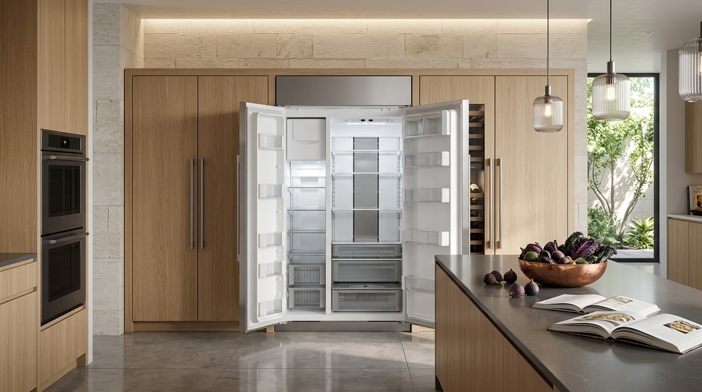 Open Monogram ZIS420NNII built-in side-by-side refrigerator with stocked shelves, drawers, and bright interior lighting, prone to making loud noise from fans or ice maker