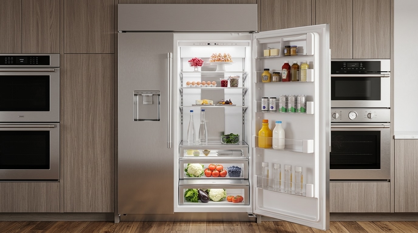 Open Monogram ZIS420NNII stainless built-in side-by-side refrigerator with stocked shelves, produce drawers, door bins, and bright interior, prone to making loud noise from fans or ice maker