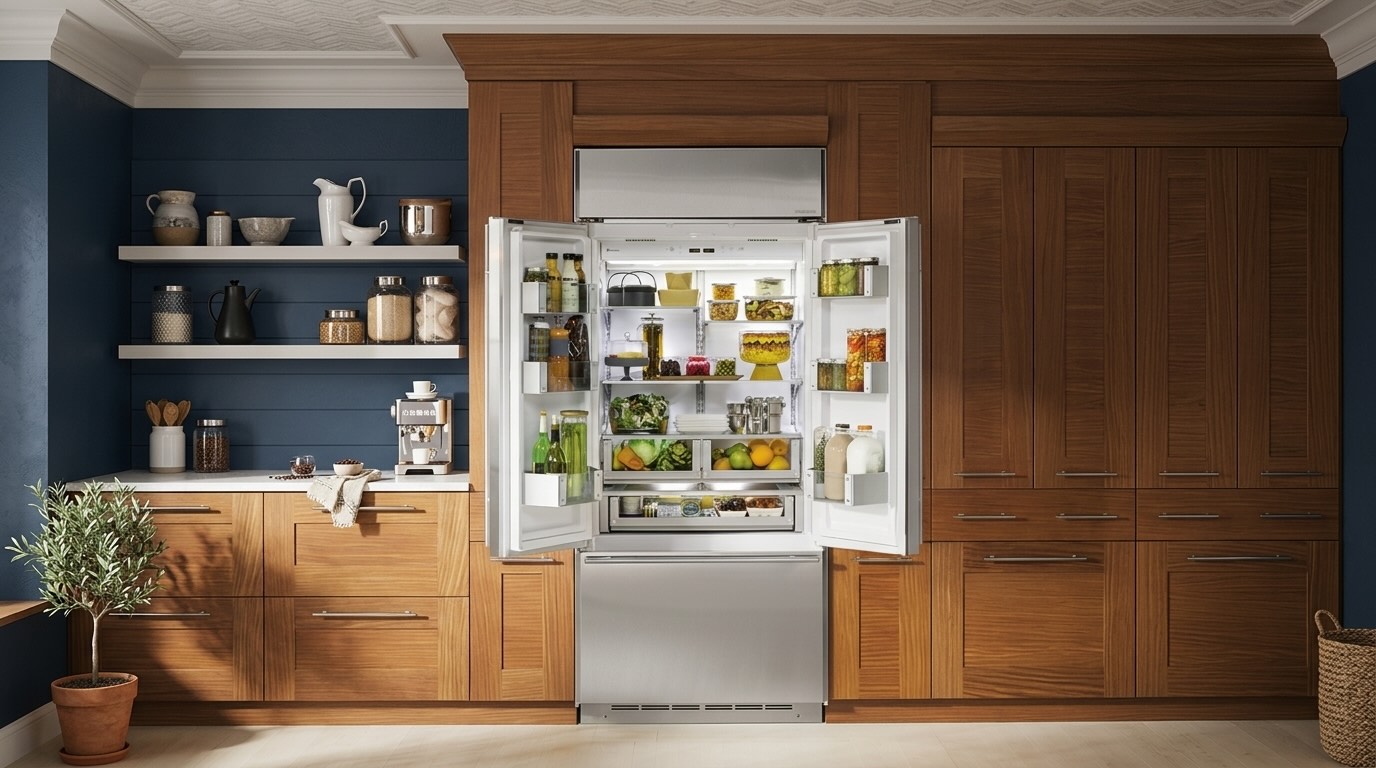Open Monogram ZIP360NH 36-inch built-in French-door refrigerator with bright interior, adjustable shelves, produce drawers, and stocked groceries, prone to making loud noise from fans or ice maker