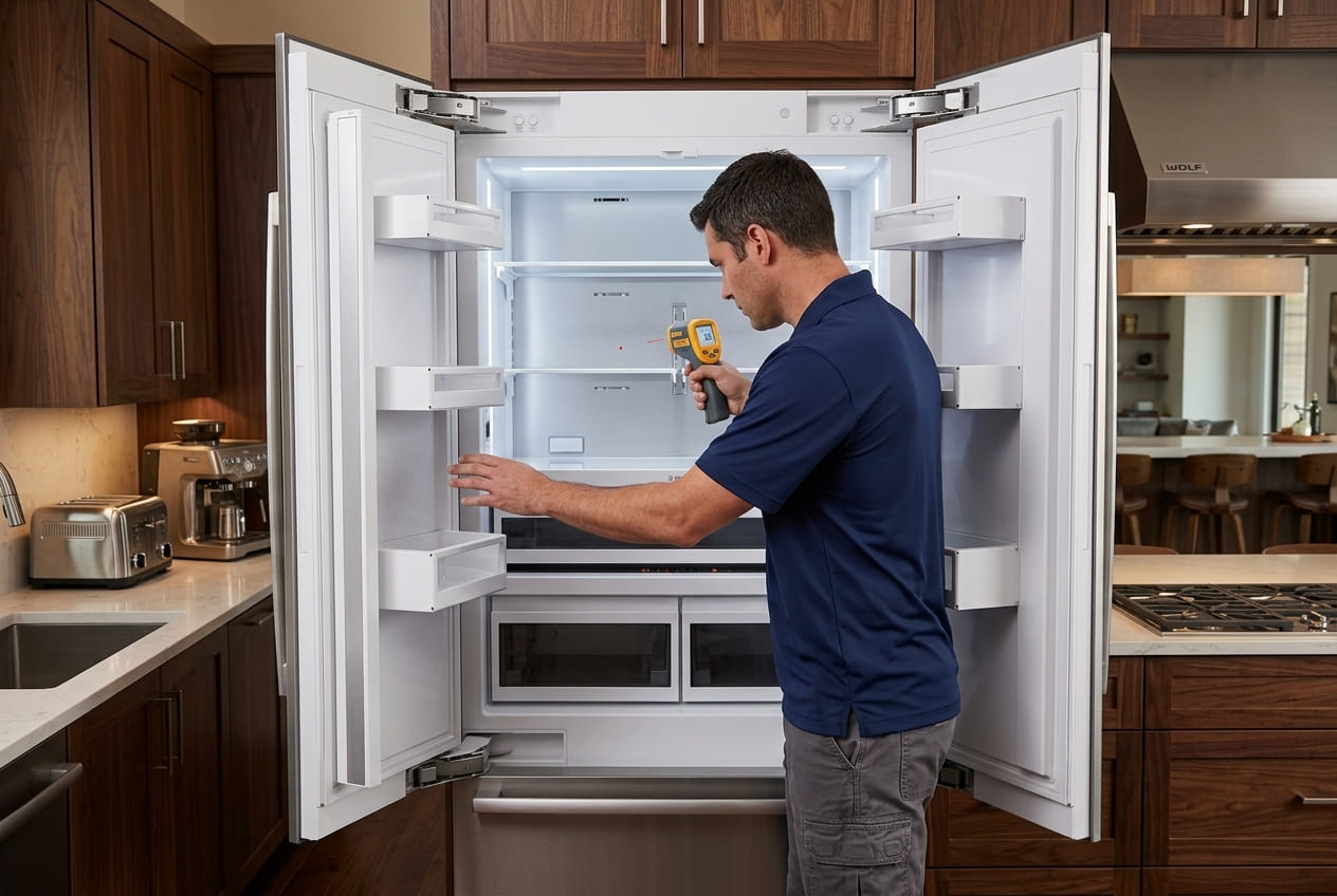 Technician inspecting a Bosch 800 Series refrigerator for cooling problems 