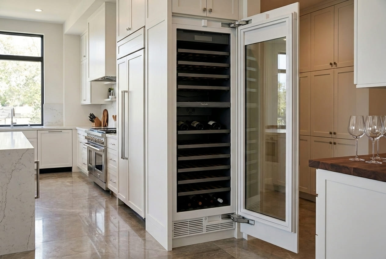 Tall white built-in Thermador T18IW905SP column wine cooler with open glass door revealing interior racks – professional light not working repair service in Atlanta and GA areas