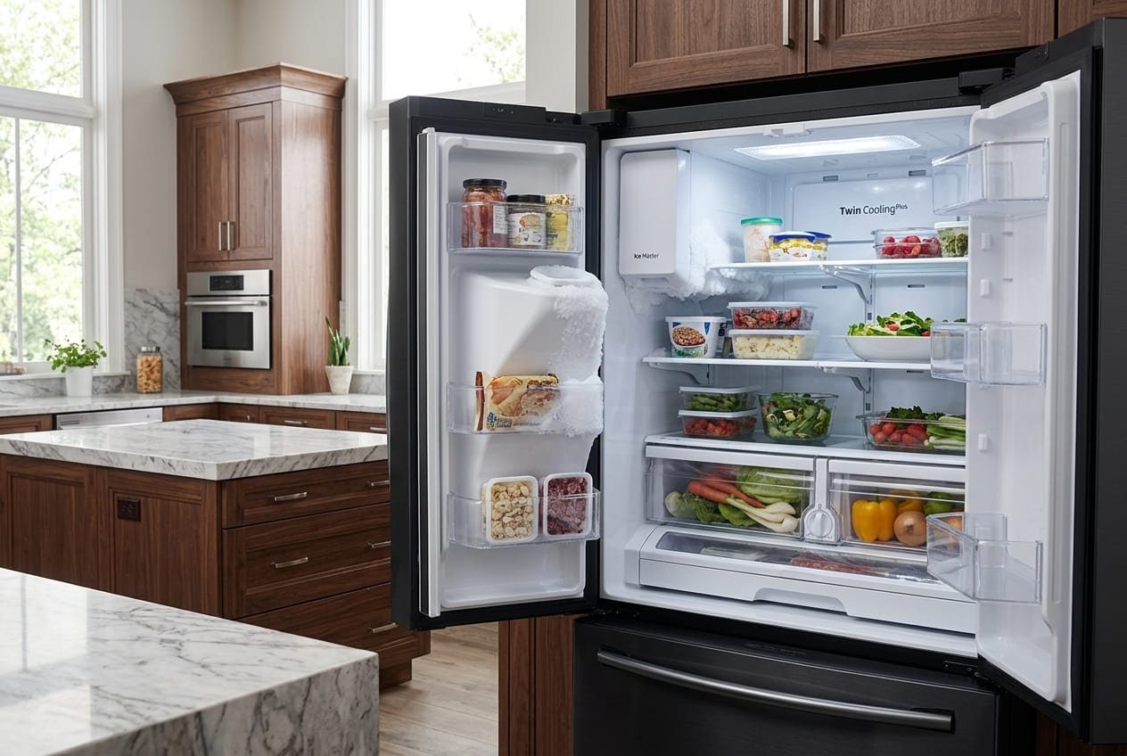 Samsung RF263 Series refrigerator with low ice production and frost buildup around the ice compartment in a home kitchen