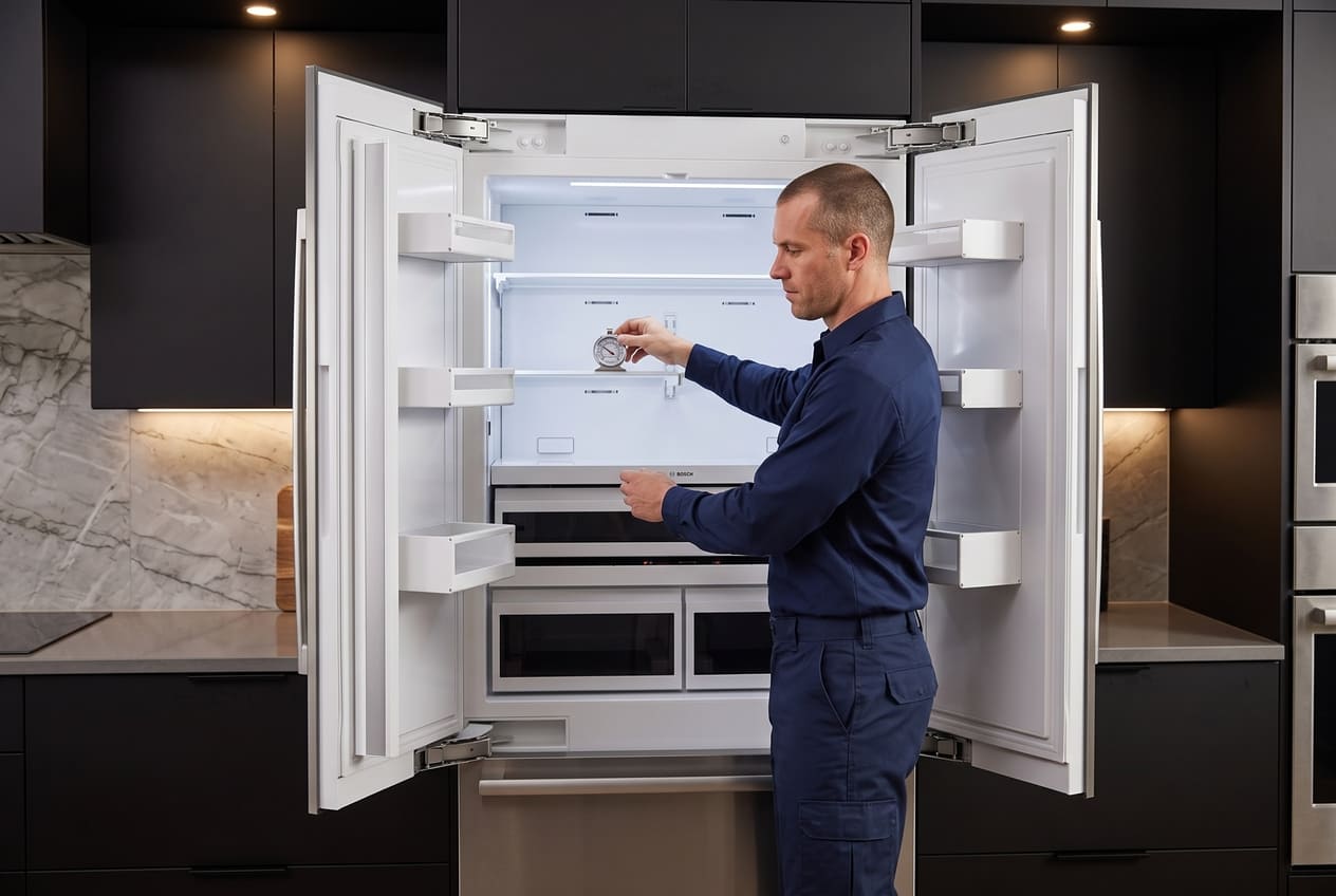 Appliance Repair Master technician diagnosing Bosch refrigerator temperature problems 