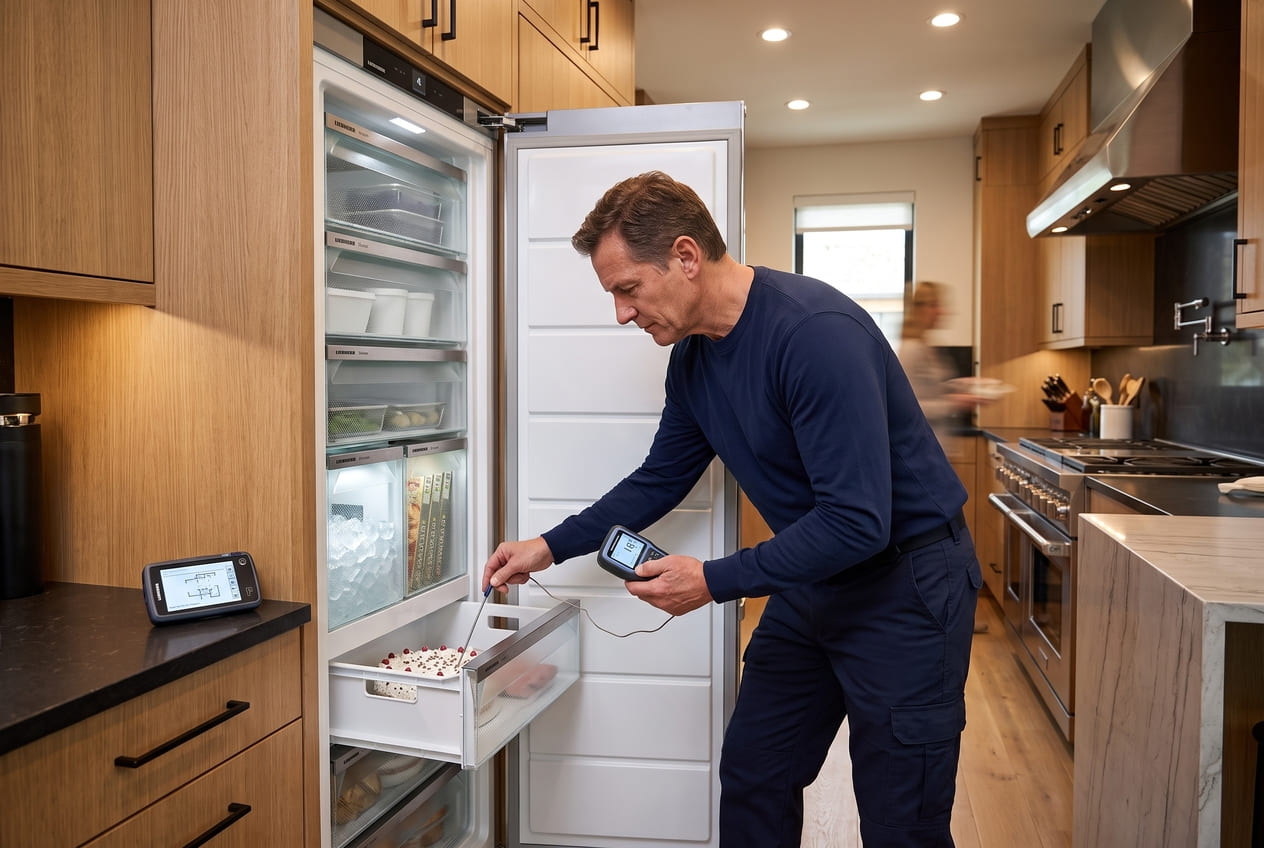 Appliance technician checking Liebherr freezer temperature after F error appears
