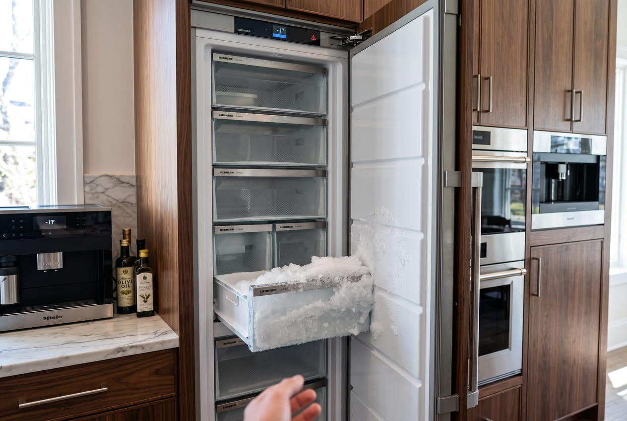 Ice buildup near Liebherr freezer drawer front blocking the door from closing 