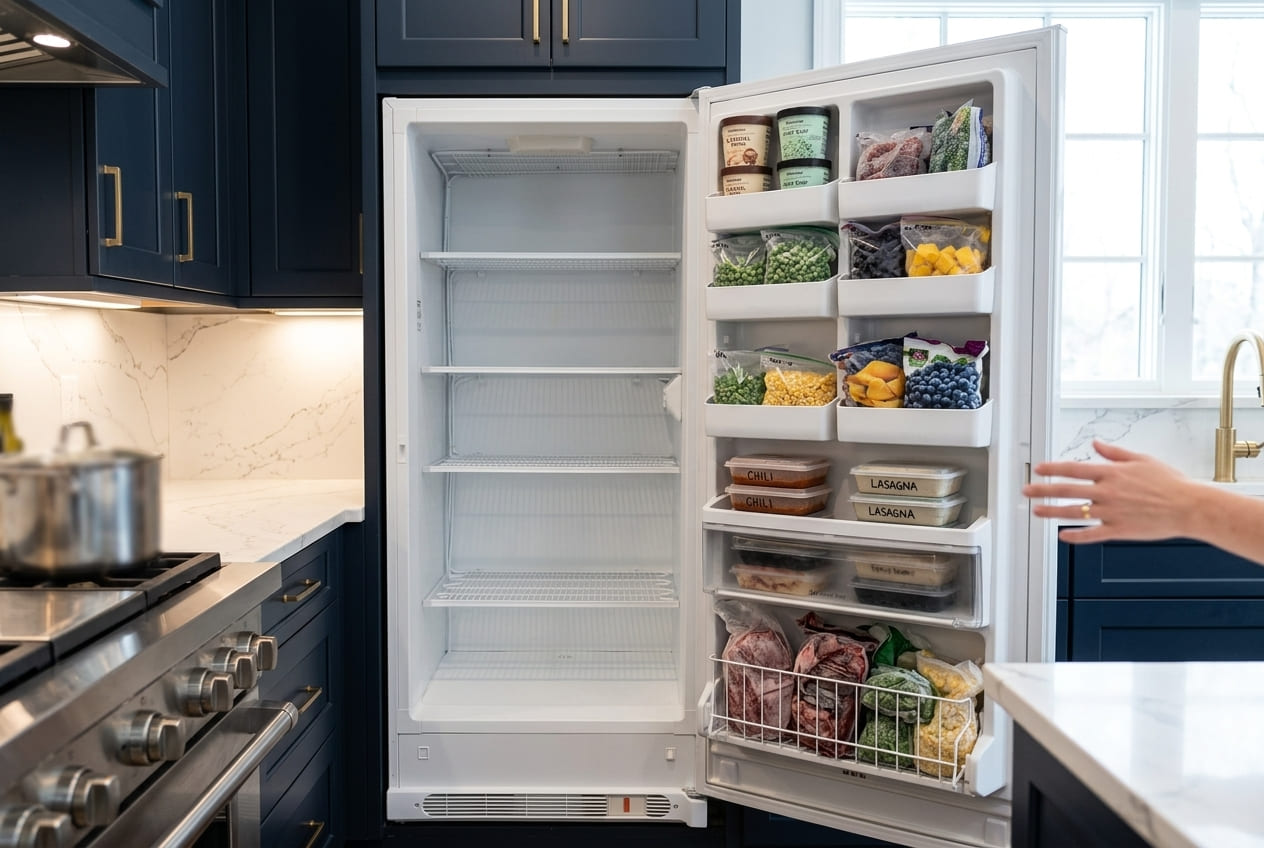 Open white Kenmore upright freezer model 253.28042805 showing empty interior shelves and fully loaded door storage bins – professional door won't close repair service in Atlanta and GA areas