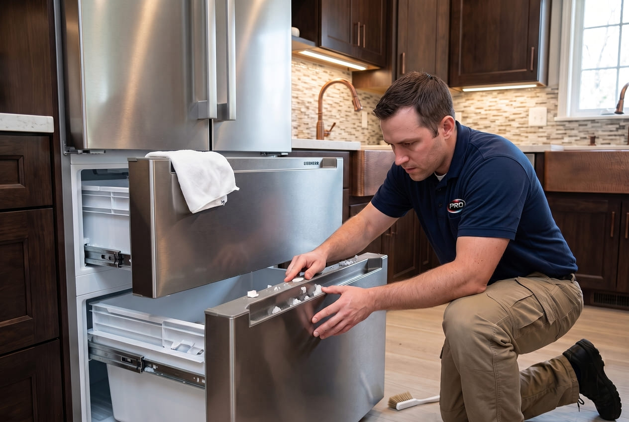 Liebherr freezer drawer slides checked for ice, debris, and smooth travel 